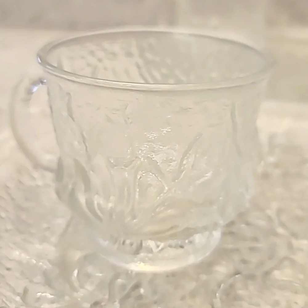 Vintage Rain Flower Clear Floral Glass Plate and Cup Set of 4